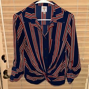 Blue, burgundy, beige Striped Blouse, size Medium